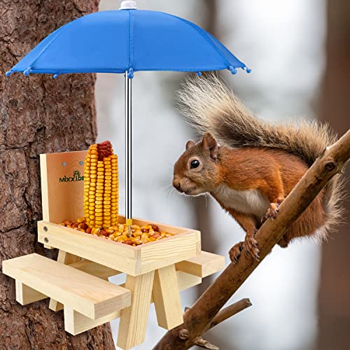 Squirrel Feeder Table with Umbrella, Wooden Squirrel Picnic Table Feeder, Sturdy Squirrel Feeder Corn Cob Holder, with Solid Structure and 2 x Thick Benches(Blue) - color: Blue