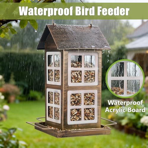 Bird Feeder, Waterproof Bird Feeders for Outdoor Hanging | Heavy Duty Metal, 6LB Large Capacity, 4 Perches, Drain Holes, For Outside Garden Yard Country Hanging, House Shape - size: Vertical