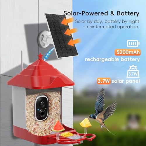 Smart Bird Feeder with Camera, Solar Panel & 5200mAh Battery, 4K HD Video, AI Identification, Instant Arrival Alerts & Alarm, IP65 Weatherproof, 32GB Card, 2L Capacity, for Bird Lover - color: Red