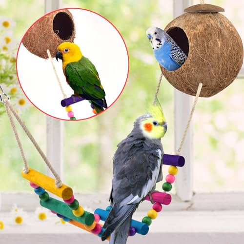 KATUMO Bird Toys, Parrot Swing Parakeet Ladder Conure Wood Perch Bird Chew Toys Cockatiel Hanging Bell Toys for Parakeet, Conure, Cockatiel, Mynah, Love Birds, Finch, Small Pet Birds - style: Colored ladder set (8 IN 1)