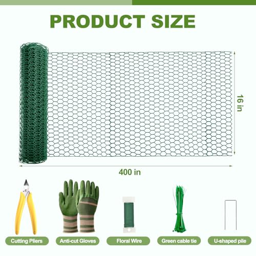 All-in-One 400 Inch Plant Protectors from Animals Kit - 0.85mm Heavy Duty Chicken Wire Cloche,Free-Cut Wire Mesh Roll Includes Pliers, Gloves, Ties, Stakes for Custom Outdoor Cages (16 * 400 Inch) - size: 16*400 Inch