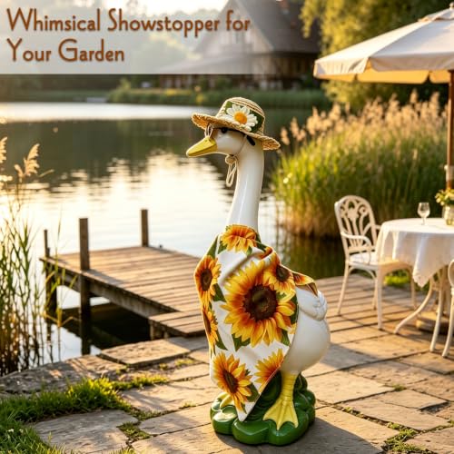 Porch Goose Statues Garden Decor, 20 "Large Resin Sculpture with Outfit | Porch Duck Weatherproof Ornament for Patio, Lawn & Yard, Ideal Housewarming & Birthday Gift for Mom, Women & Men - style: sunflower bandana goose