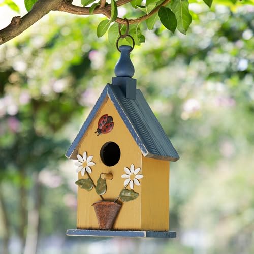 Glitzhome Birdhouses for Outdoors, Hanging Bird Houses for Outside, 12.25" H Washed Yellow Distressed Solid Wood Decorative Pet Cottage Outdoor Garden Birdhouse with Ladybug and Flowers - color: 12.25"H Washed Yellow
