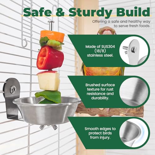 2 Pack Bird Cage Feeder with Skewer for Vegetable & Fruit, Parrot Treats Food Holder with Bowl Dish, No Mess Budgie Parakeet Cockatiel Foraging Toys Cage Accessories