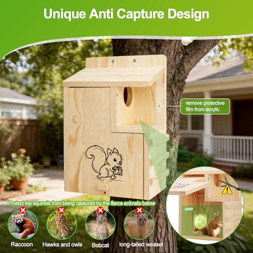 Large Wooden Squirrel House for Outside, Predator Guard Squirrel Nesting Box, Easy Assembly Outdoor Shelter for Squirrels & Chipmunks, Weatherproof Pine Wood Wildlife Habitat