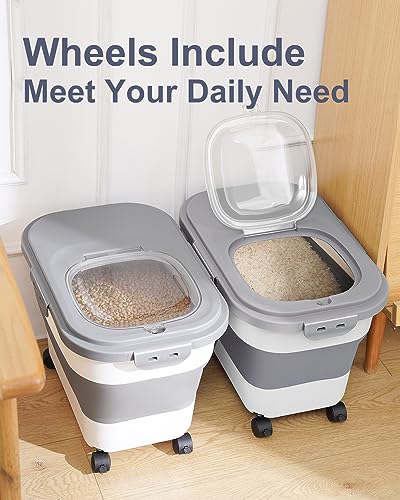 20-30 Lbs Rice Storage Container,Collapsible Food Storage Containers | Flour Storage Container with Wheels Airtight Locking Lid,Rice Container with Cup and Scoop,Suitable for Rice,Pet Food,Flour - color: Grey/20-30LBS