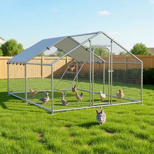 10 x 9.9 x 6.4 FT Metal Chicken Run, Chicken Coop with Cover | Reinforced Frame, Walk-in Chicken Coop, Waterproof Cover, Side Hardware Cloth, Roosting Perch, Backyard & Farm Use - size: 119.0"L x 119.0"W x 78.0"H