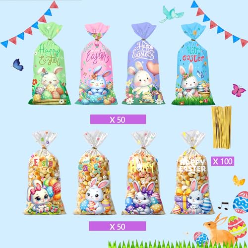CUUSNNY Easter Candy Bags 100 Pcs with 120 Gold Twist Ties,Plastic Cellophane Treat Bags for Kids Easter Egg Hunt, Party Favors & Gift Packaging,Holiday Goodie Bag Supplies (Colorful Design) - color: 100Pcs Easter Cellophane Bags