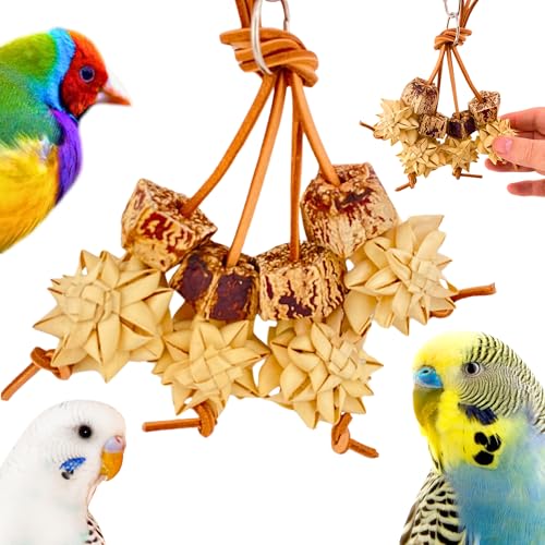 Bonka Bird Toys 1056 Palm & Pod Forage Cluster 5" x 3" Natural Mahogany Pods Palm Flowers Leather Strands for Parrotlets Budgies Lovebirds Small Parrots Cage Enrichment