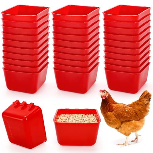 Okllen 30 Pcs Chicken Water Feeder Cups, 16 oz Plastic Hanging Bird Cage Cups for Parrot, Parakeet, Rooster, Pigeon, Bunny, Poultry Coop Gamefowl Supplies, Red
