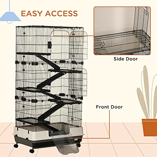 PawHut 59.5" Small Animal Cage with Wheels, 6-Level Portable Bunny Cage, Chinchilla Ferret Cage with Removable Tray, Platform and Ramp | Portable Chinchilla Ferret Cage, Platform, Ramp - size: 53.5"L x 18.0"W x 28.8"H
