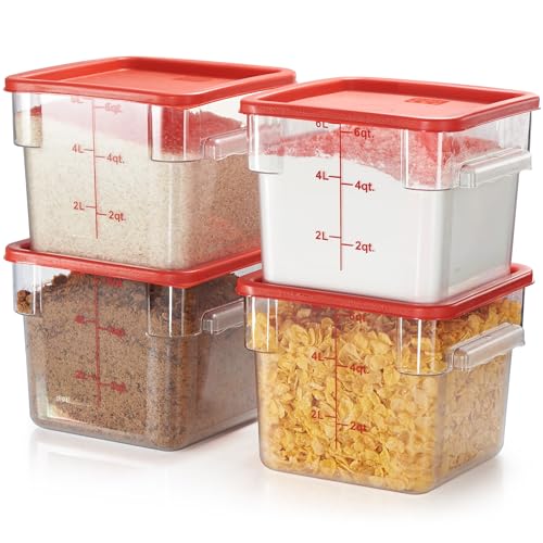 4 Pack Food Storage Container with Red Lid - NSF Commercial Grade in 6.0 Qt - Square, Clear, Polycarbonate - color: 6.0 Qt 4-Pack(Red Lids)
