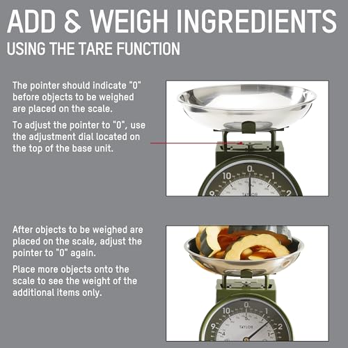 Taylor Analog Kitchen Scale, Stainless Steel Mechanical Food Scale with Removable Bowl, 11 lb Capacity, Large 5-Inch Dial, Battery-Free Design for Baking and Meal Prep - color: Green, size: Small