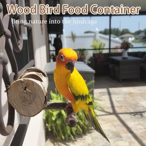 Wooden Bird Feeding Dish Cups Perch Stand Hanging Feeder Solid Wood Parrot Feeding Bowl for Parakeets Conures Cockatiels Budgie Parrot