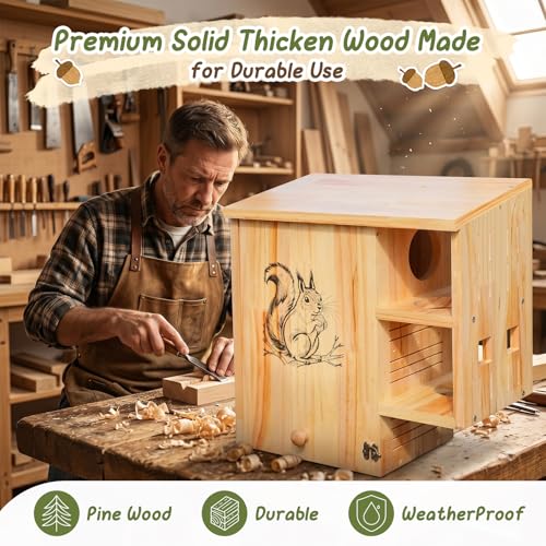 Large Squirrel House for Outside, Wooden Squirrel Nesting Box | Solid Pine Den Box, Predator Guard & Easy-Clean Front Door, Enhanced Protection, Backyard Habitat Shelter for Outdoor Winter - size: Large