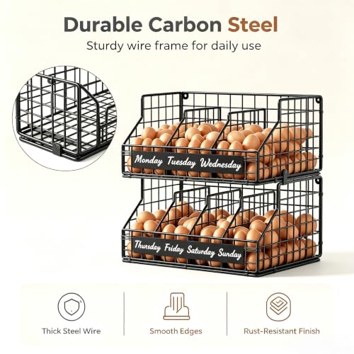 Egg Holder Countertop, Large 2T Chicken Egg Basket for Gathering Fresh Eggs | Egg Storage Organizer with Adjustable 5 Divider & Label, Stackable Wall Mounted Egg Collecting Basket Rack, XXL Black - color: 2T XXL Black