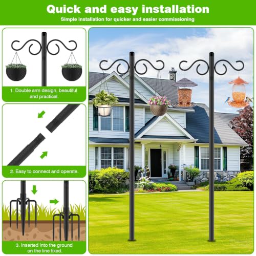RCUICA Double Shepherds Hooks for Outdoor,2 Pack 110Inch Bird Feeder Pole with 5 Prongs Base,Heavy Duty Shepherds Hook,Suitable for Garden in Hanging Flower Basket,Lantern,Bird Nests (110 inch) - size: 2 Pack 110 inch
