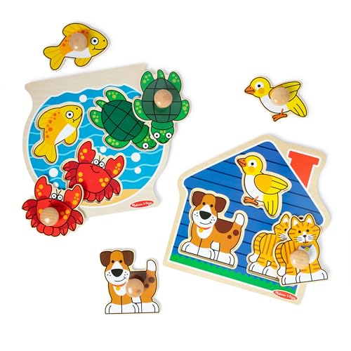 Melissa & Doug Wooden Jumbo Peg Puzzle 2-Pack – Fish Bowl, House Pets, 3-Piece for Toddlers Boys and Girls, Ages 1+ Years