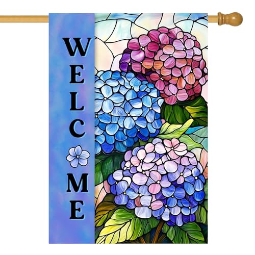 Hydrangea Spring Summer House Flag 28 x 40 Double Sided for Outside Stained Glass Flower Garden Decor Blue Floral Welcome Outdoor Yard Banner - color: hydrangea