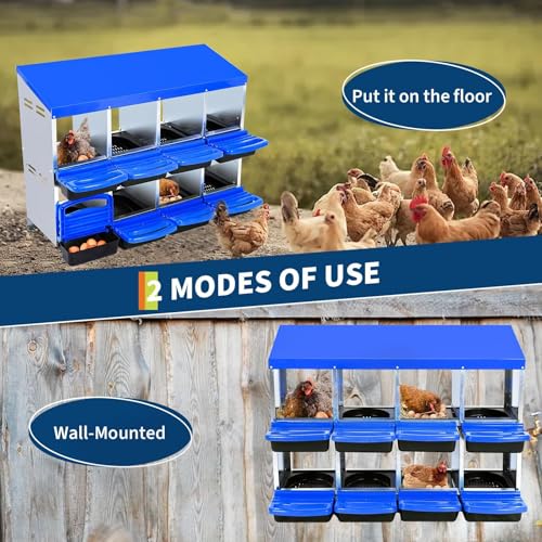 Chicken Nesting Box, 8 Compartment Roll Away Design for High-Volume Egg Collection and Easy Wall Mounting with Metal Legs - color: Blue, size: 8 holes