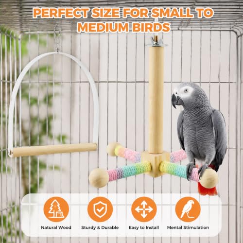 Spinning Bird Stand Perch, 360° Rotating Perch with Swing for Parrot Anxiety Relief, Wooden Bird Cage Accessories for Parakeets Budgies Cockatiels