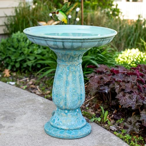Sunnydaze Ceramic Bird Bath for Outdoors, 18” H, Blue Lava Distressed | UV-Resistant, Glazed Finish, Pedestal Bird Bath Holds Up to 10 Cups of Water, Easy Assembly, Sturdy Bird Bath for Outside - style: Blue Lava Distressed