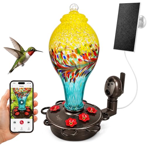LUJII Smart Hummingbird Feeder with Camera for Outdoor Hanging, Hand Blown Glass, Solar WiFi Feeder with Live View App, 6 Feeding Ports, Leak-Resistant Design, Ant Moat & Gift Box, 36 fl oz, Yellow - color: Yellow, size: X-Large