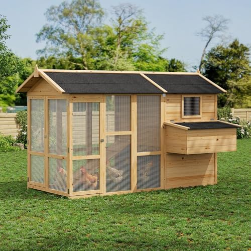 IDEALHOUSE Large Outdoor Chicken Coop for 4-6 Chickens Wooden Hen House with Waterproof Asphalt Roof, Ramp, Nesting Box, Wire Fence, (80" x 35" x 54") Natural