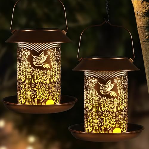 2 Pack Bird Feeders for Outdoors Hummingbird Gifts for Women Mom | Solar Lanterns Outdoor Waterproof Garden Decor Metal Solar Decoration OutsideLED Lanterns for Yard, Patio, Lawn, Pathway - size: Grass Hummingbird-2 Pack