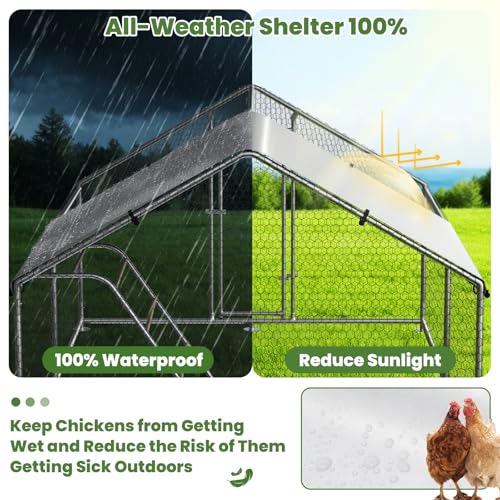 10 x 13.2 x 6.4 FT Metal Chicken Coop, Chicken Run with Cover | Walk-in Chicken Coop, Waterproof Cover, Side Hardware Cloth, Roosting Perch, reinforced frame, Backyard & Farm Use - size: 158.4"L x 119.4"W x 78.4"H