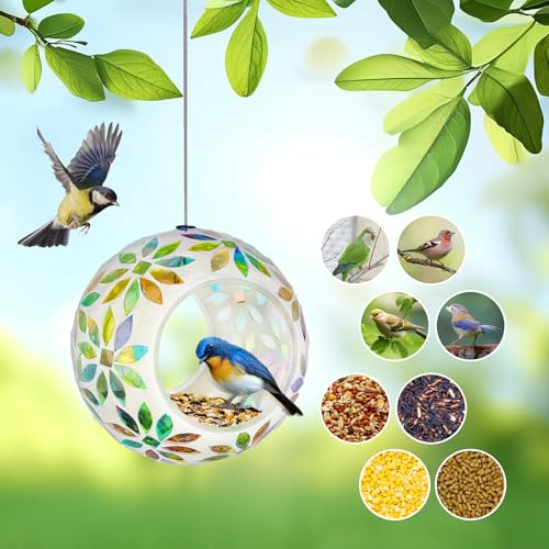 Hanging Bird Feeders for Outdoor Glass Mosaic Fly Through Wild Bird Feeder Round Shape Birdfeeder for Outside Garden Yard Patio Decoration Yellow - color: Yellow
