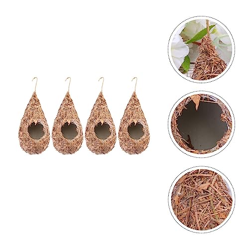 POPETPOP 4 Pcs Artificial Bird Nest Hanging Straw Bird House Grass-Woven Nest for Patio Garden Indoor Outdoor Decoration 9.05 X 2.75 X 3.14 in for Lovers