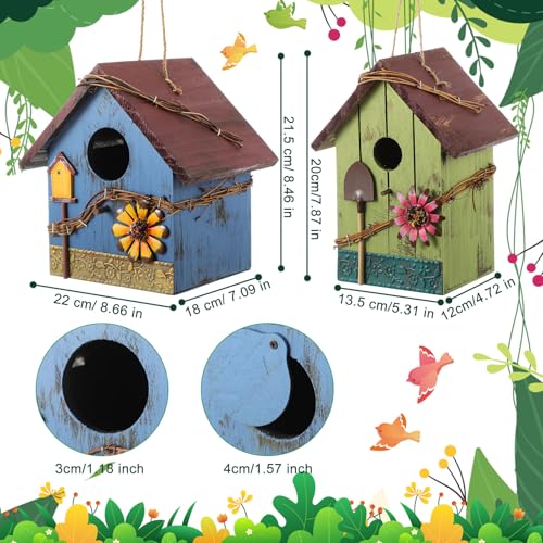 DoubleFill 2 Pcs Birdhouses for Outdoor Hanging Yard Outside Wooden Birdhouse Hand Painted Bird Box for Bird Lovers Bluebird Tree Garden Decor Decorative Birdhouse(Red,Blue,Wooden Roof) - color: Red,Blue, size: Wooden Roof
