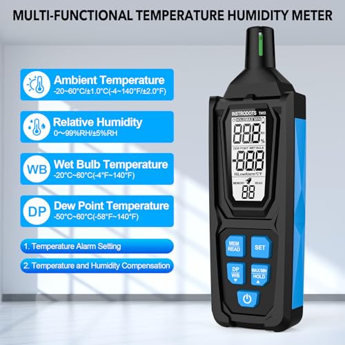 Temperature Humidity Meter, High Precision Digital Psychrometer Hygrometer with Dew Point, Wet Bulb Thermometer for Indoor Outdoor, 99 Data Storage, Temp Alarm, Backlight, MAX/MIN, Auto Shutdown - color: Blue, size: TH13