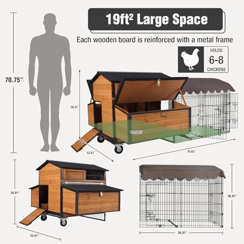 Portable Chicken Coop with All-Around Metal Frame & Super Large Wheels, 76.7" L Hen House with Metal Run, Mobile Poultry Cage with 6 Nesting Boxes for 6-8 Chickens