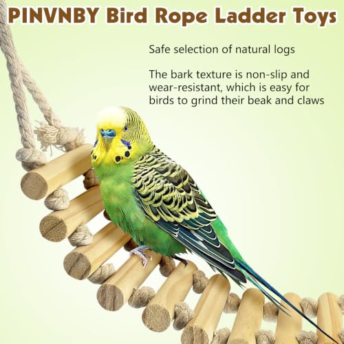 PINVNBY 2 PCS Bird Rope Ladder Bird Bridge Swing Hammock Toys Made of Natural Wood and Rope Parakeet Cage Accessories for Parrot Budgie Conure Cockatiel (Natural Wood) - color: White