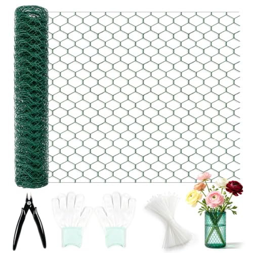 Chicken Wire for Floral Arrangements, Green Flower Mesh Netting | 15.7 x 394 inch, PVC Coated, Poultry Garden Fence Mesh, w/Zip Ties Pliers Gloves, Plant Protectors from Animals, DIY Crafts - size: 15.7 x 394 inch