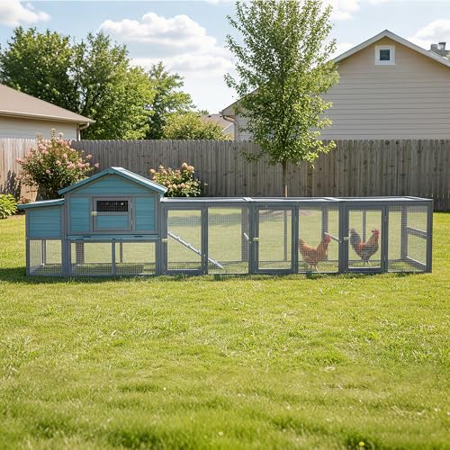 YOPTO Large Wooden Chicken Coop with Run Blue Gray 141.1 in | 21.2 ft² run, Fits 3–4 chickens, Nesting box, Sliding tray, Waterproof UV roof, Solid wood frame - size: 141 in