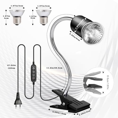 Hermit Crab Heat Lamp, Reptile Heat Lamp with Clamp, Reptile Light with Rotatable Hose and Timer, Suitable for Reptiles Lizard Turtle Tortoise Snake Bearded Dragon Hermit Crab, 2 Bulbs 25W+50W - size: Single-Head