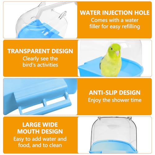 Tfwadmx 3Pcs Bird Bath for Cage Hanging Parakeet Bath Box Clear Bird Bathtub Water Shower Food Feeder Bathing Tub for Cockatiel Conure Canary Budgies - color: Green, Blue &Orange