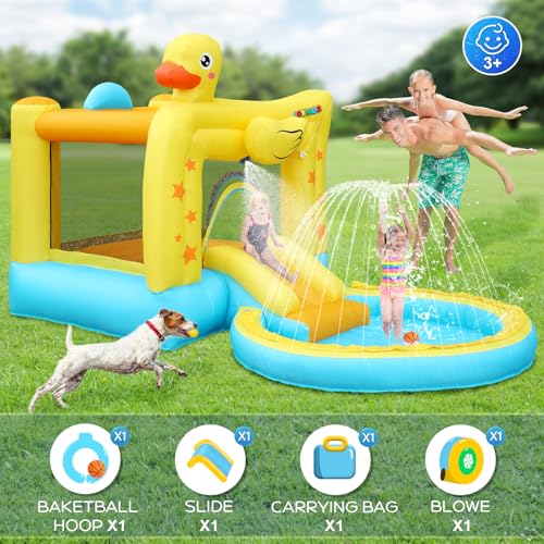 Bonnlo Inflatable Water Bounce House with Slide, Inflatable Water Slide with Sprayer and Pool, Duck Shaped Backyard Water Park for Kids Ages 3-10, Equipped with Blower, Heavy Duty