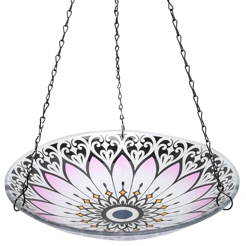 Hanging Bird Baths Outdoor Glass Flower Birdfeeder Garden Yard Decor | 12 Inch Hanging Bird Bath for Outside, Flower Glass Bird Water Bowl Bird Feeder for Garden, Lawn and Yard Decor - color: lotus