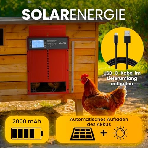 Okkobi Automatic Chicken Coop Door Solar Powered - LCD Display - Chicken Coop Door with Remote Control, Light Sensor & Timer - Security & Peace of Mind: Anti-Pinch Function - 5-Year Protection - Red - color: Red