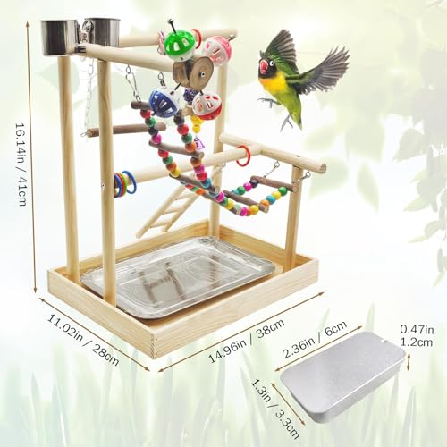 PINVNBY Bird Playground Parrot Playstand Play Gym Cockatiel Wood Bird Toys Birds Cage Accessories Playpen Ladder with Feeder Cups Hanging Swing Toys for Parakeet Conure Lovebird Cockatiel - size: Two Floors With Wooden Bridge