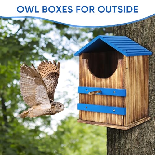 Owl House, Wood Screech Owl House Bird Box with Shavings Owls Boxes for Outside, Owls Nesting Box with Perch Stand & Mounting Kit for Wildlife Habitat Shelter Lovers(Blue) 13.5x7.5x8.7in