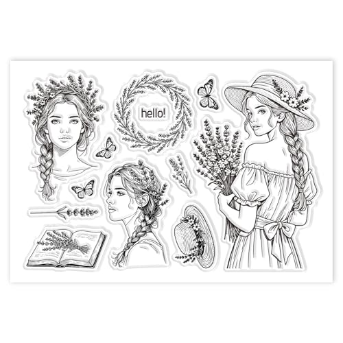 CHGCRAFT Lavender Woman Clear Stamps Female Transparent Stamps Flowers Silicone Clear Stamp Seals for DIY Scrapbooking Photo Album Decoration, 4.3×6.3 inch - style: Lavender Woman