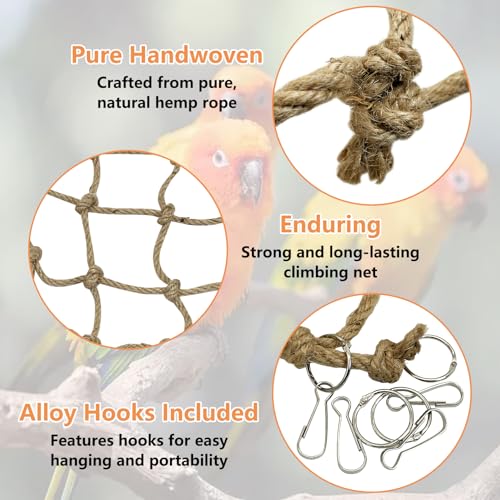 Tfwadmx Natural Bird Rope Net, Large Size - 24''X24'' Parrot Swing Hammock, Bird Climbing Ladder Hanging Cage Perch Chew Toys for Budgies Macaw Conure Finch Cockatoo Budgie African Grey Parakeet