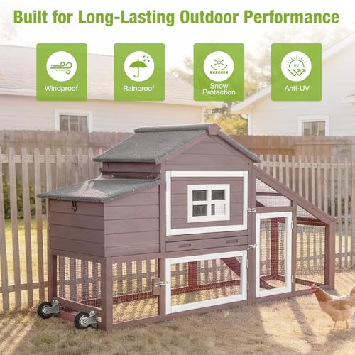GUTINNEEN Chicken Coop with Wheels,Outdoor Hen House with Waterproof Asphalt Roof, Wooden Poultry Enclosure with Easy-Clean Slide-Out Tray,Poultry Cage with Nesting Boxes for Duck Rabbit Chicken-Brown - size: 67.3"L x 26"W x 39.4"H-Brown