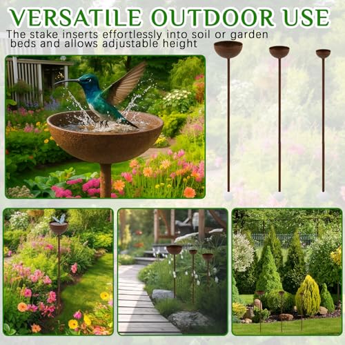 3 Pcs Vintage Metal Bird Bath Stakes for Garden, Decorative Outdoor Bird Bath Bowl Set, Rustic Rain Catcher Garden Art for Birds Butterflies Patio Lawn Flower Bed Decor (1-Tiered) - style: 1-tiered