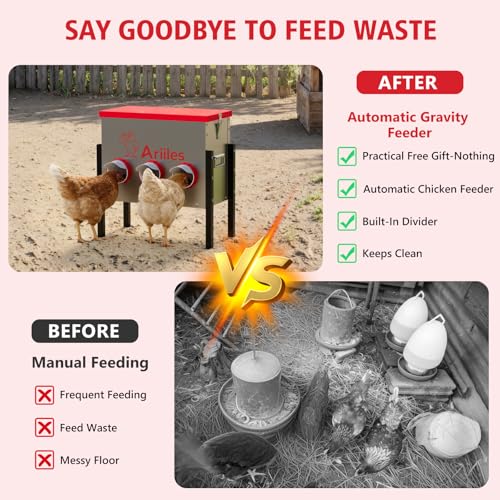 Automatic Chicken Feeder, Metal Poultry Feeder, Chicken Feeders | 40LB Poultry Feeder With Stand & 6 Ports. Includes Bonus Vegetable Net, Feeder Sealant And Anchor Stakes For Chicken.